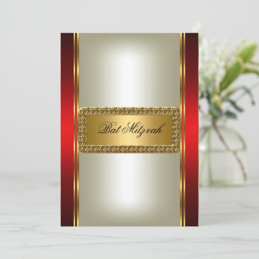 Gold en Red Bat Mitzvah Kaart (Staand voorkant)
