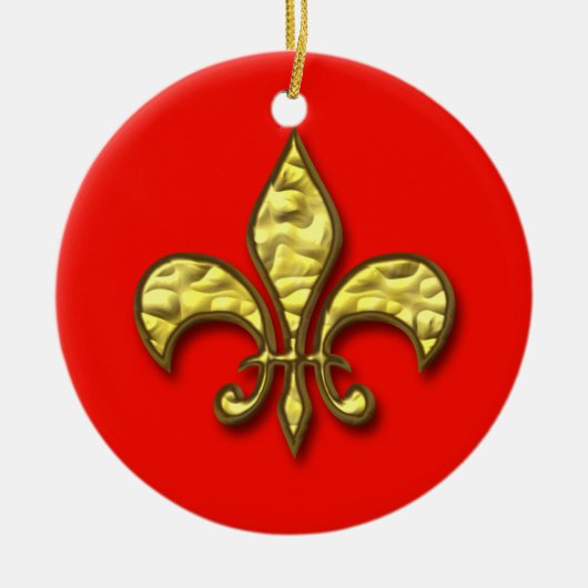 Gold en Red Fleur de Lis-kerstversiering Keramisch Ornament (Voorkant)