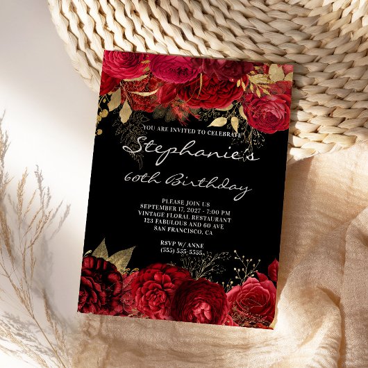 Gold en Red Floral 60th Birthday Black en White Kaart