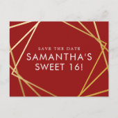 Gold en Red Geometric Sweet 16 Sparen de Datum Aankondigingskaart (Voorkant)