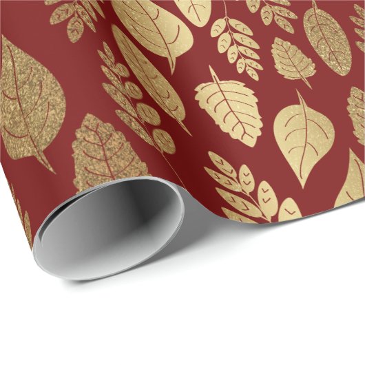 Gold- en Red Leaf-patroon Cadeaupapier (Rol Hoek)