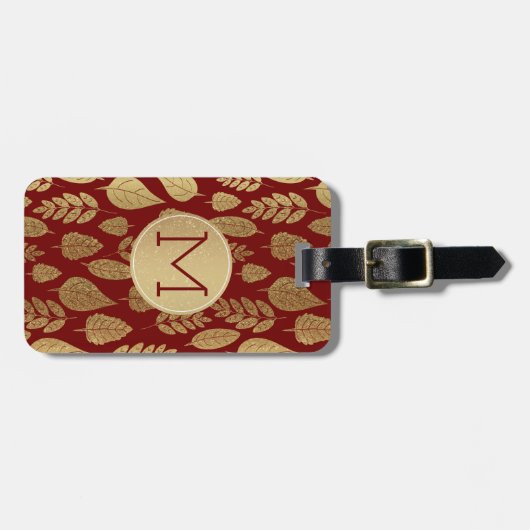 Gold- en Red Leaf-patroon en -monogram Bagagelabel (Voorkant horizontaal)