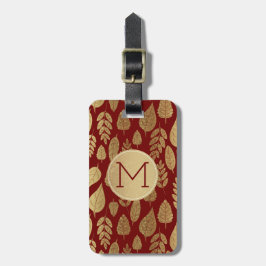 Gold- en Red Leaf-patroon en -monogram Bagagelabel
