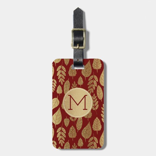 Gold- en Red Leaf-patroon en -monogram Bagagelabel (Voorkant verticaal)