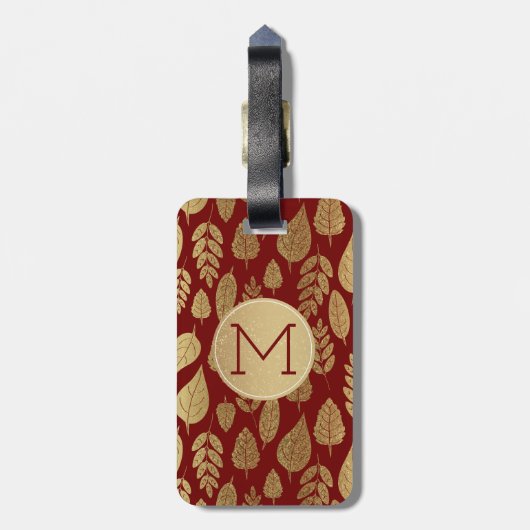 Gold- en Red Leaf-patroon en -monogram Bagagelabel (Achterkant verticaal)
