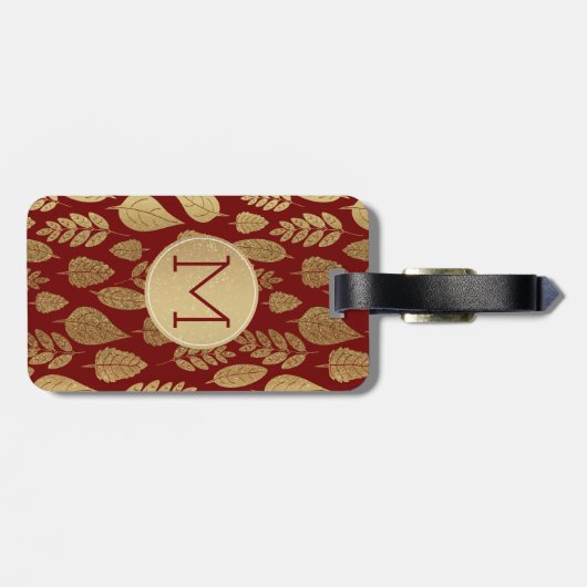 Gold- en Red Leaf-patroon en -monogram Bagagelabel (Achterkant horizontaal)