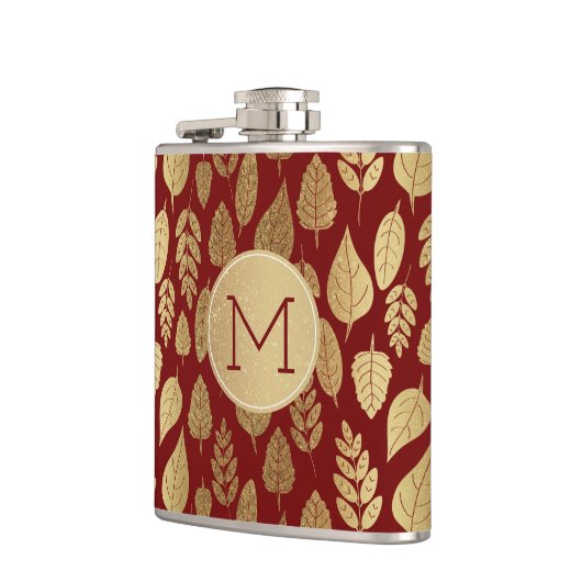 Gold- en Red Leaf-patroon en -monogram Heupfles (Links)