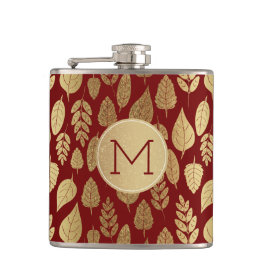 Gold- en Red Leaf-patroon en -monogram Heupfles