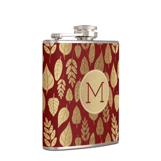 Gold- en Red Leaf-patroon en -monogram Heupfles (Rechts)