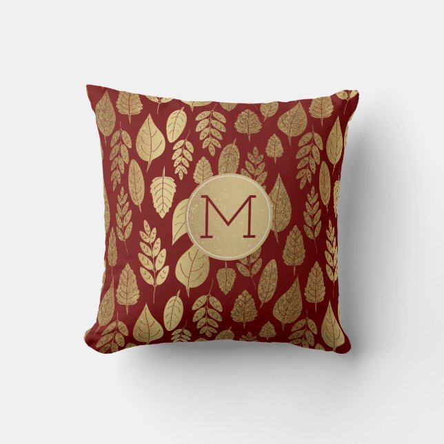 Gold- en Red Leaf-patroon en -monogram Kussen (Voorkant)