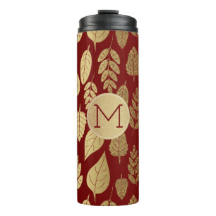 Gold- en Red Leaf-patroon en -monogram Thermosbeker