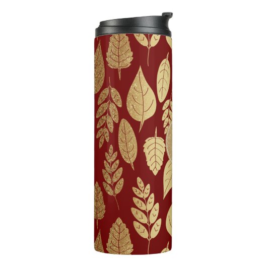 Gold- en Red Leaf-patroon en -monogram Thermosbeker (Gedraaid links)