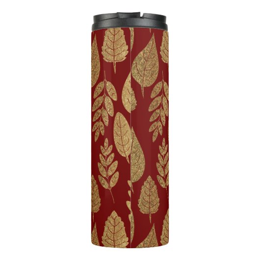 Gold- en Red Leaf-patroon en -monogram Thermosbeker (Achterkant)