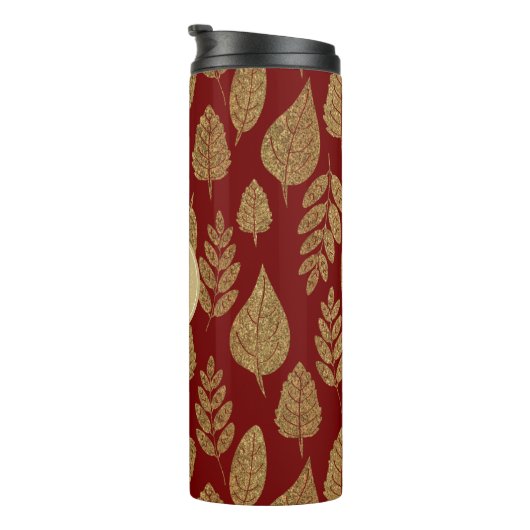 Gold- en Red Leaf-patroon en -monogram Thermosbeker (Geroteerd rechts)