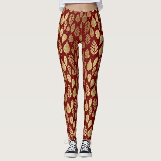 Gold- en Red Leaf-patroon Leggings (Voorkant)