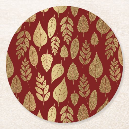 Gold- en Red Leaf-patroon Ronde Kartonnen Onderzetter (Voorkant)