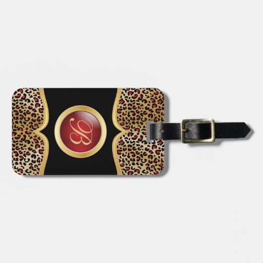 Gold en Red Leopard Animal Print | Monogram Bagagelabel (Voorkant horizontaal)