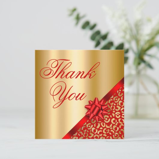 Gold en Red Leopard Shimmer Glam Bedankkaart (Staand voorkant)