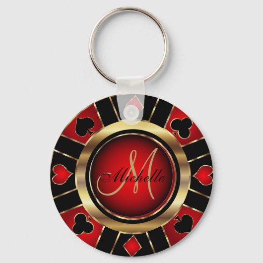 Gold- en Red Poker-chipontwerp - Monogram Sleutelh Sleutelhanger (Voorkant)