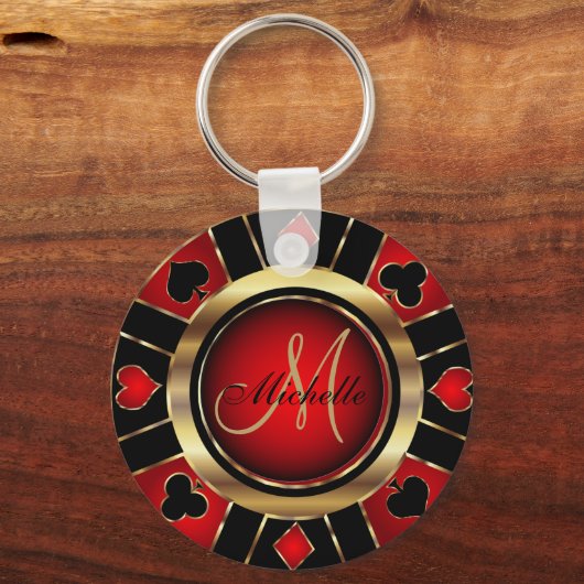 Gold- en Red Poker-chipontwerp - Monogram Sleutelh Sleutelhanger (Voorkant)