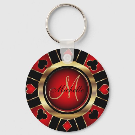 Gold- en Red Poker-chipontwerp - Monogram Sleutelh Sleutelhanger (Achterkant)