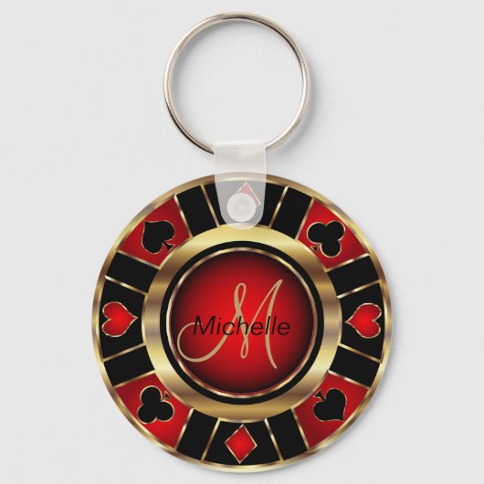 Gold- en Red Poker-chipontwerp - Monogram Sleutelh Sleutelhanger (Voorkant)