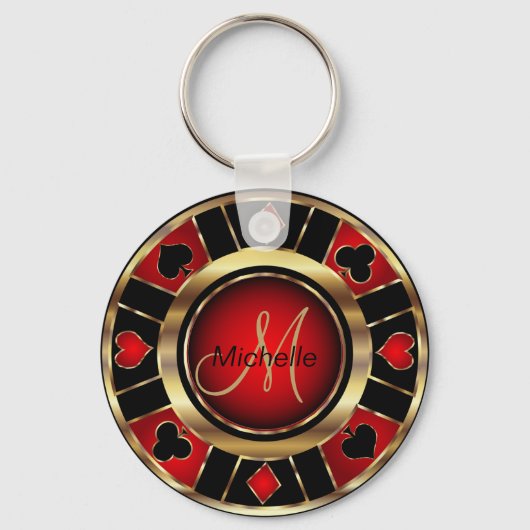 Gold- en Red Poker-chipontwerp - Monogram Sleutelh Sleutelhanger (Achterkant)