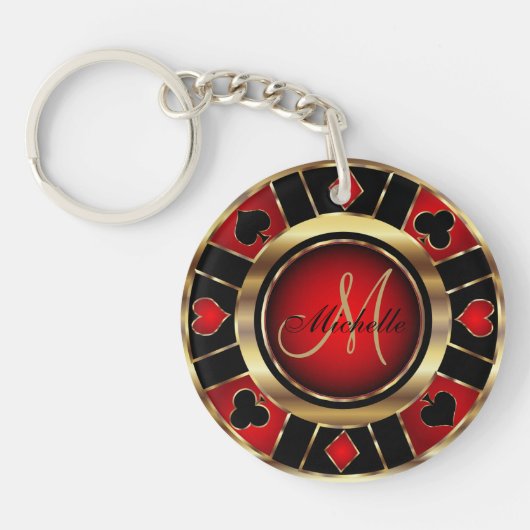 Gold- en Red Poker-chipontwerp - Monogram Sleutelhanger (Voorkant)