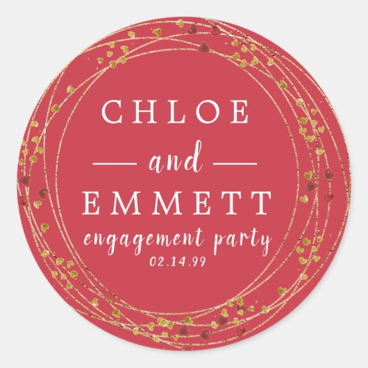 Gold en Red Star Engagement Party Envelopzegel Ronde Sticker (Voorkant)