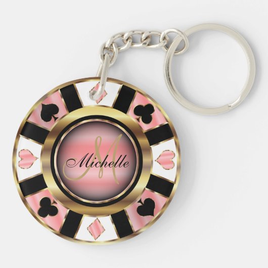 Gold en Roos Poker Chip Design - Monogram Sleutelhanger (Achterkant)
