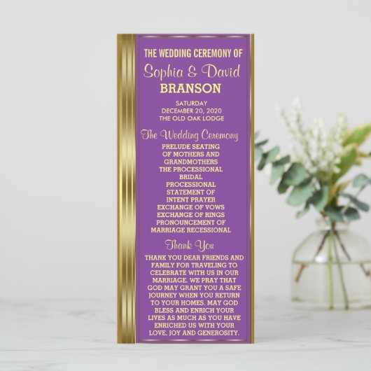Gold en Royal Paars Wedding Custom Program Programmakaart (Staand voorkant)