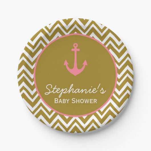 Gold en Roze Chevron Nautical Baby shower Papieren Bordje (Voorkant)