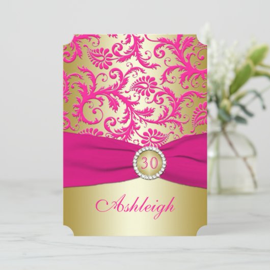 Gold en Roze Damask 30e verjaardag Uitnodiging (Staand voorkant)