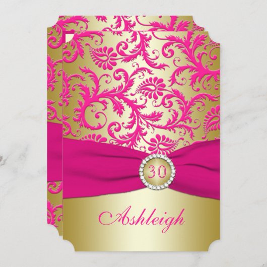 Gold en Roze Damask 30e verjaardag Uitnodiging (Voorkant / Achterkant)