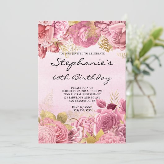 Gold en roze Floral Waterverf 60e verjaardag Kaart (Staand voorkant)