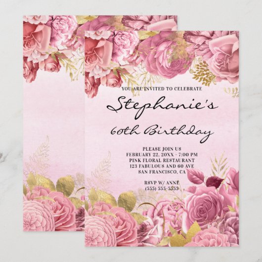 Gold en roze Floral Waterverf 60e verjaardag Kaart (Voorkant / Achterkant)