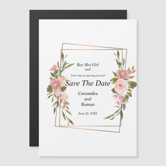 Gold en roze Floral Wedding Save the Date Magnetische Uitnodiging (Voorkant / Achterkant)