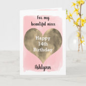 Gold en Roze Niece 14e verjaardag Kaart (Gele Bloem)