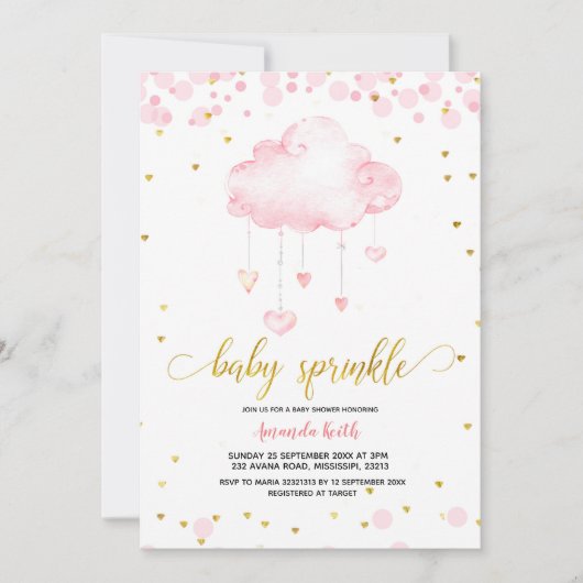 Gold en Roze Raincluide Baby Sprinkle Invitation Kaart (Voorkant)