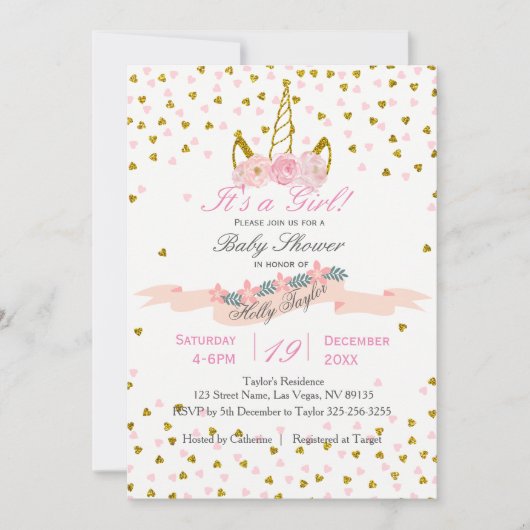 Gold en Roze Unicorn Baby shower Kaart (Voorkant)