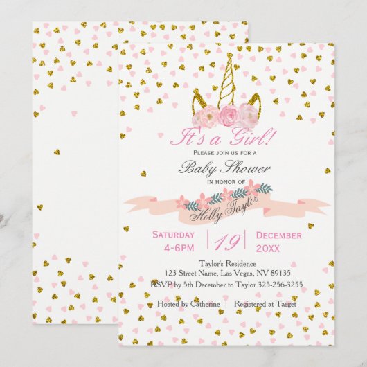 Gold en Roze Unicorn Baby shower Kaart (Voorkant / Achterkant)