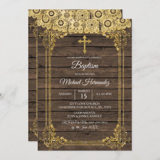 Gold en Rustisch bruin Spaans baptisme Kaart (Voorkant / Achterkant)