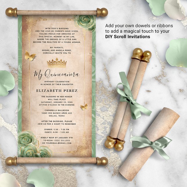 Gold en Sage Green Quince DIY Scroll Invitations (How will you present your DIY scrolls? There are so many creative possibilities!)