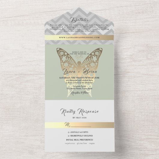 Gold en Sage Green Wedding All In One Uitnodiging (Binnen)