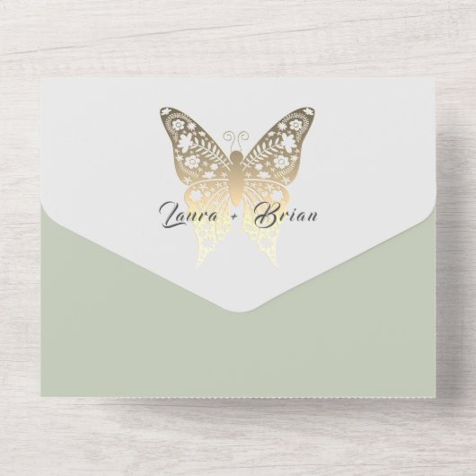 Gold en Sage Green Wedding All In One Uitnodiging (Achterkant)