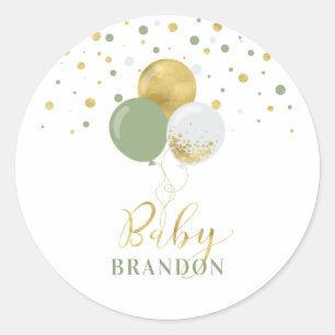Gold- en Sage-groene ballonnen Naam Baby Ronde Sticker
