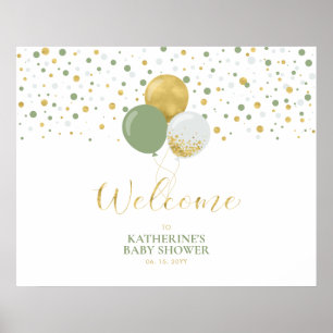 Gold- en Sage-groene ballonnen   Welkom Baby showe Poster