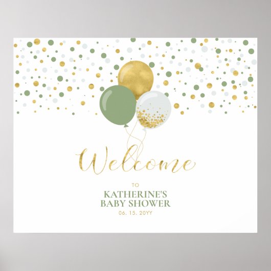 Gold- en Sage-groene ballonnen | Welkom Baby showe Poster (Voorkant)
