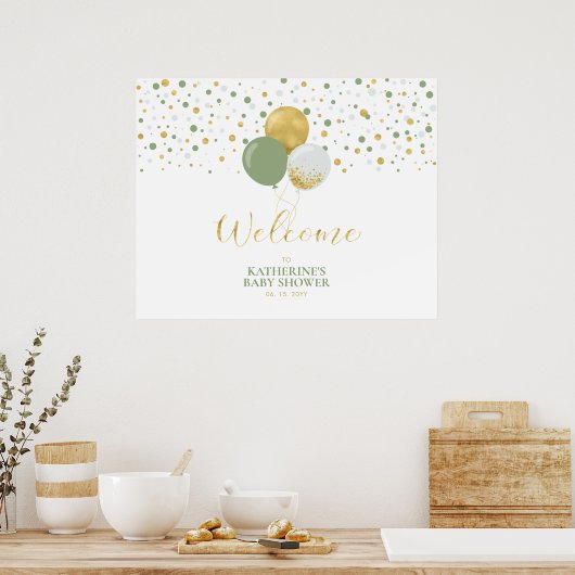 Gold- en Sage-groene ballonnen | Welkom Baby showe Poster (Keuken)