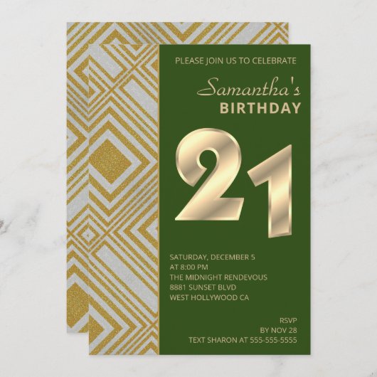 Gold en Silver Art Deco Birthday Uitnodiging (Voorkant / Achterkant)